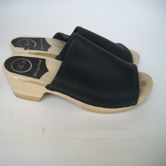 No.6 Store Mid-Heel Black-Leather Open Toe Clog Mules - Picture 1 of 9